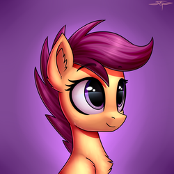 Size: 3000x3000 | Tagged: safe, artist:setharu, scootaloo, pegasus, pony, g4, bust, chest fluff, cute, cutealoo, ear fluff, eye reflection, eyebrows, eyebrows visible through hair, female, filly, gradient background, high res, looking up, reflection, shoulder fluff, signature, smiling, solo