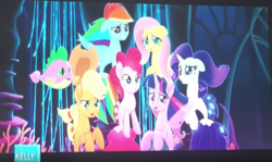 Size: 1059x633 | Tagged: safe, screencap, applejack, fluttershy, pinkie pie, rainbow dash, rarity, spike, twilight sparkle, alicorn, pony, puffer fish, seapony (g4), g4, my little pony: the movie, applejack's hat, bubble, cowboy hat, cute, dorsal fin, fabric, fin, fish tail, flowing mane, flowing tail, hat, irl, live with kelly rippa, mane seven, mane six, merchandise, ocean, photo, scales, seaponified, seapony applejack, seapony fluttershy, seapony pinkie pie, seapony rainbow dash, seapony rarity, seapony twilight, seaquestria, species swap, spike the pufferfish, swimming, tail, that pony sure does love being a seapony, twilight sparkle (alicorn), underwater, water, youtube link