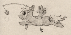 Size: 1600x801 | Tagged: safe, artist:darkdabula, derpy hooves, g4, female, flying, food, muffin, solo, traditional art