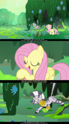 Size: 1280x2281 | Tagged: safe, edit, edited screencap, screencap, fluttershy, zecora, pegasus, pony, zebra, a health of information, g4, criss cross moss, duo, ear piercing, earring, everfree forest, female, flower, jewelry, leg rings, mare, moss, neck rings, piercing, psyga's alternate pony scenes, screencap comic, swamp, swamp fever plant, text