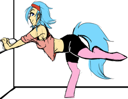 Size: 500x385 | Tagged: safe, artist:/d/non, oc, oc only, oc:volupia, satyr, 80s, aerobics, female, offspring, parent:aloe, solo, stretching