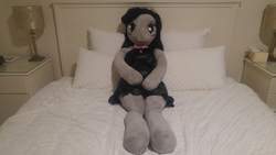 Size: 5312x2988 | Tagged: safe, artist:bigsexyplush, artist:somethingaboutoctavia, octavia melody, anthro, g4, anniversary, anthro plushie, bed, celebration, clothes, cute, doll, dress, irl, jewelry, necklace, photo, plushie, thunder thighs, toy, wide hips