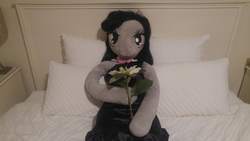 Size: 5312x2988 | Tagged: safe, artist:bigsexyplush, artist:somethingaboutoctavia, octavia melody, earth pony, anthro, g4, anniversary, anthro plushie, bed, celebration, clothes, cute, doll, dress, flower, irl, jewelry, necklace, photo, plushie, toy