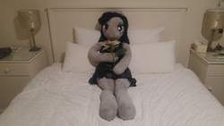 Size: 5312x2988 | Tagged: safe, artist:bigsexyplush, artist:somethingaboutoctavia, octavia melody, earth pony, anthro, g4, anniversary, anthro plushie, bed, celebration, clothes, cute, doll, dress, flower, irl, jewelry, necklace, photo, plushie, toy