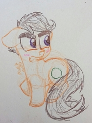 Size: 1636x2181 | Tagged: safe, artist:binkyt11, derpibooru exclusive, quibble pants, earth pony, pony, g4, blushing, chibi, eyebrows, lifted leg, male, solo, stallion, traditional art