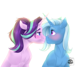 Size: 1700x1500 | Tagged: safe, artist:katytheplatypus, starlight glimmer, trixie, pony, unicorn, g4, blushing, boop, crossed horns, duo, eyebrows, female, horn, horns are touching, lesbian, noseboop, ship:startrix, shipping, simple background, transparent background