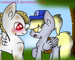 Size: 600x479 | Tagged: safe, artist:rosiepie15, bulk biceps, derpy hooves, pegasus, pony, g4, bag, blushing, female, folded wings, hat, looking at each other, mailmare, mailmare hat, male, mare, raised hoof, saddle bag, ship:derpybulk, shipping, stallion, straight, wings