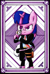 Size: 2233x3282 | Tagged: safe, artist:mustachedbain, twilight sparkle, pony, unicorn, semi-anthro, g4, arm hooves, clothes, female, gun, handgun, high res, holster, hoof hold, mare, mask, necktie, pants, patterned background, payday, payday 2, pistol, solo, story included, suit, traditional art, two toned background, unicorn twilight, weapon