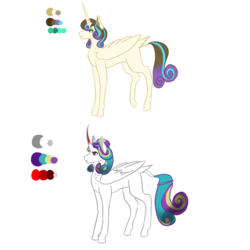 Size: 894x894 | Tagged: safe, artist:owocrystalcatowo, oc, oc only, oc:shy heart, oc:sweet heart, alicorn, pony, cousins, curved horn, female, horn, mare, parent:king sombra, parent:oc:crystal heart, parent:pound cake, parent:princess flurry heart, parents:poundflurry, reference sheet