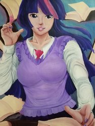 Size: 600x800 | Tagged: safe, artist:kenishra, twilight sparkle, human, g4, book, breasts, clothes, female, humanized, looking at you, smiling, solo, traditional art