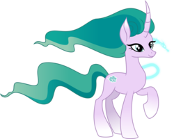 Size: 4546x3630 | Tagged: safe, artist:bigmk, mistmane, pony, unicorn, campfire tales, g4, absurd resolution, clothes, curved horn, dragon spirit, ethereal mane, female, horn, magic, mare, missing accessory, raised hoof, simple background, solo, transparent background, vector