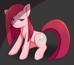 Size: 895x786 | Tagged: safe, artist:shusu, pinkie pie, earth pony, pony, g4, black background, female, lidded eyes, looking at you, mare, pinkamena diane pie, simple background, sitting, solo