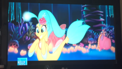 Size: 1600x900 | Tagged: safe, princess skystar, seapony (g4), g4, my little pony: the movie, bioluminescent, blue eyes, blushing, bubble, coral, cute, dorsal fin, female, fin, fin wings, fins, fish tail, floppy ears, flower, flower in hair, flowing mane, flowing tail, freckles, jewelry, necklace, ocean, open mouth, pearl necklace, seaquestria, seashell, seaweed, skyabetes, smiling, solo, swimming, tail, television, underwater, water, wings