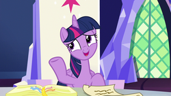 Size: 1280x720 | Tagged: safe, screencap, twilight sparkle, alicorn, pony, g4, not asking for trouble, book, female, mare, ribbon, scroll, solo, twilight sparkle (alicorn)