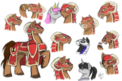 Size: 1600x1067 | Tagged: safe, artist:valkyrie-girl, oc, oc only, oc:damsel constsancia, oc:knight light, oc:prince knight light, oc:roan of arc, oc:warlord coltrane, earth pony, pony, unicorn, fanfic:a knight's tale, armor, collage, commission, cupcake, fanfic art, food, helmet, horned helmet, jug, raised hoof, simple background, white background