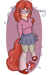 Size: 1024x1450 | Tagged: safe, artist:thenextsupermangakid, oc, oc only, oc:candy, satyr, blushing, clothes, cute, glasses, mary janes, offspring, parent:twist, shoes, skirt, socks, sweater