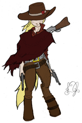 Size: 996x1499 | Tagged: safe, artist:dj-black-n-white, oc, oc only, oc:cinnamon cider, satyr, clothes, crossover, gun, handgun, offspring, parent:applejack, pistol, poncho, revolver, rifle, weapon