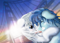 Size: 2100x1500 | Tagged: safe, artist:manifest harmony, double diamond, party favor, fanfic:clocktower society, g4, bridge, gay, heart eyes, heart nostrils, hug, love, male, romantic, ship:partydiamond, shipping, wet, wet mane, wingding eyes