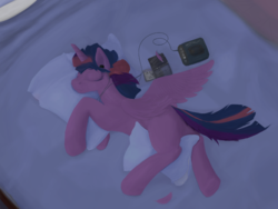 Size: 756x567 | Tagged: safe, artist:the-brightest-sunny-days, twilight sparkle, alicorn, pony, g4, bed, blanket, cassette player, compact cassette, feather, female, in bed, lying, messy mane, missing cutie mark, music in description, music player, on side, pillow, sad, solo, song in the description, twilight sparkle (alicorn)