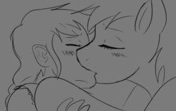 Size: 1403x888 | Tagged: safe, artist:dj-black-n-white, rainbow dash, oc, oc:cinnamon cider, pony, satyr, g4, age difference, blushing, female, interspecies, kiss on the lips, kissing, lesbian, making out, monochrome, offspring, parent:applejack