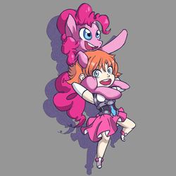 Size: 1024x1024 | Tagged: safe, artist:xmemorized, pinkie pie, earth pony, human, pony, g4, clothes, crossover, cute, duo, female, looking at you, mare, nora valkyrie, open mouth, rwby, skirt