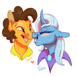 Size: 558x551 | Tagged: safe, artist:qatsby, cheese sandwich, trixie, pony, unicorn, g4, blushing, boop, cheesixie, crack shipping, crying, female, grin, heart, male, noseboop, rarepair, shipping, smiling, stallion, straight