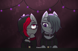 Size: 1300x855 | Tagged: safe, artist:lazerblues, marble pie, oc, oc:miss eri, g4, black and red mane, choker, christmas, christmas lights, cigarette, clothes, collar, drink, hair over one eye, holiday, hoodie, lonely inky, two toned mane
