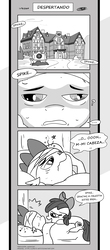 Size: 1024x2329 | Tagged: safe, artist:loreto-arts, apple bloom, spike, dragon, earth pony, pony, comic:friendship is innuendo, g4, comic, duo, duo male and female, female, hospital, male, monochrome, ship:spikebloom, shipping, spanish, straight, translation, wingless spike