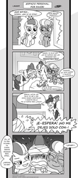 Size: 1024x2329 | Tagged: safe, artist:loreto-arts, apple bloom, diamond tiara, silver spoon, spike, dragon, comic:friendship is innuendo, g4, comic, female, male, ship:spikebloom, shipping, spanish, straight, translation