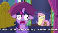 Size: 960x540 | Tagged: safe, edit, edited screencap, screencap, fluttershy, twilight sparkle, alicorn, pegasus, pony, a health of information, g4, bed, caption, concerned, derp, drugs, female, floppy ears, hay, high, mare, marijuana, open mouth, pillow, saddle bag, stoned, text, twilight sparkle (alicorn)