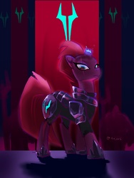 Size: 2100x2800 | Tagged: safe, artist:oberon826, tempest shadow, pony, unicorn, g4, my little pony: the movie, armor, broken horn, eye scar, female, frown, glowing horn, high res, horn, looking at you, mare, scar, solo, sparking horn