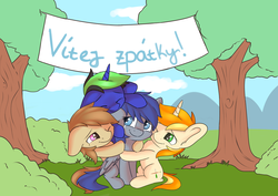 Size: 1024x724 | Tagged: safe, artist:dbleki, oc, oc only, pegasus, pony, unicorn, banner, chibi, crying, czech, female, hug, mare, tears of joy, tree