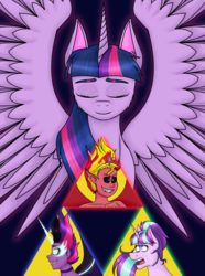 Size: 1024x1373 | Tagged: safe, artist:cornerverse, sci-twi, starlight glimmer, sunset shimmer, twilight sparkle, alicorn, equestria girls, g4, counterparts, crying, horn, midnight sparkle, sunset satan, the legend of zelda, triangle, triforce, twilight sparkle (alicorn), twilight's counterparts, wings