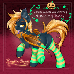 Size: 1600x1600 | Tagged: safe, artist:pvrii, oc, oc only, oc:pumpkin charm, bat pony, pony, butt, candy, clothes, featureless crotch, female, food, mare, mouth hold, plot, socks, solo, striped socks, underhoof