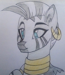 Size: 1016x1180 | Tagged: safe, artist:evergreen-gemdust, zecora, zebra, g4, bust, female, portrait, simple background, solo, traditional art, white background