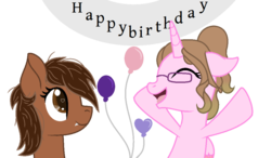 Size: 1024x600 | Tagged: safe, artist:cindystarlight, oc, oc only, oc:cindy, oc:shelly fox, alicorn, earth pony, fox, fox pony, hybrid, original species, pony, balloon, banner, bat pony oc, female, happy birthday, mare, simple background, transparent background