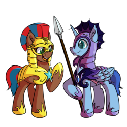 Size: 1024x1024 | Tagged: safe, artist:witchtaunter, oc, oc only, oc:northern shield, oc:star wing, alicorn, earth pony, pony, alicorn oc, duo, ear fluff, guard, looking at each other, male, night guard, royal guard, simple background, smiling, spear, stallion, transparent background, weapon