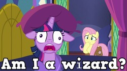 Size: 960x540 | Tagged: safe, edit, edited screencap, screencap, fluttershy, twilight sparkle, alicorn, pegasus, pony, a health of information, g4, amnesia, are you a wizard, bed, blanket, captain obvious, concerned, d:, derp, derplight sparkle, existential crisis, faic, female, floppy ears, forgetful, frown, gritted teeth, harry potter (series), hoof over mouth, image macro, mare, meme, nervous, non stick pans, open mouth, pillow, pillow hat, saddle bag, subverted meme, text, twilight sparkle (alicorn), wide eyes, wizard, worried
