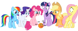 Size: 2757x1127 | Tagged: safe, artist:d-azulrgb, applejack, fluttershy, pinkie pie, rainbow dash, rarity, twilight sparkle, g4, annoying orange, food, mane six, orange, varying degrees of want