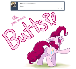 Size: 1600x1450 | Tagged: safe, artist:heir-of-rick, pinkie pie, earth pony, pony, g4, ask, butt, butts, dialogue, eyes closed, female, floppy ears, open mouth, plot, raised hoof, smiling, solo, tumblr, yelling