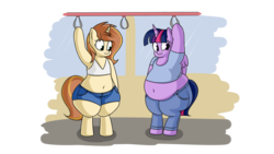 Size: 3840x2160 | Tagged: safe, artist:andelai, twilight sparkle, oc, oc:celice, alicorn, unicorn, semi-anthro, g4, arm hooves, belly, belly button, big belly, bipedal, clothes, fat, high res, obese, simple background, transparent background, twilard sparkle, twilight sparkle (alicorn), wide hips