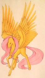 Size: 1024x1764 | Tagged: safe, artist:oneiria-fylakas, fluttershy, pegasus, pony, g4, eyes closed, female, missing cutie mark, raised hoof, realistic, solo, spread wings, traditional art, wings