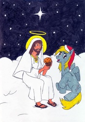 Size: 701x1000 | Tagged: safe, artist:pandaren-chaplain, derpy hooves, human, g4, christmas, cloud, food, hat, holiday, jesus christ, muffin, present, santa hat, traditional art