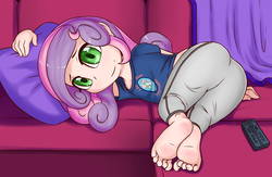 Size: 2500x1633 | Tagged: safe, artist:fearingfun, sweetie belle, human, g4, barefoot, clothes, feet, female, fetish, foot fetish, foot focus, humanized, looking at you, pillow, shorts, smiling, socks, solo, young