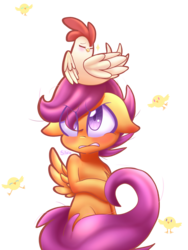Size: 1536x2048 | Tagged: safe, artist:silviasilvar, scootaloo, chicken, pegasus, pony, semi-anthro, g4, :>, angry, blushing, chest fluff, chick, cute, cutealoo, eyes closed, female, filly, floppy ears, frown, glare, gritted teeth, hen, looking up, messy mane, pose, raised hoof, scootachicken, simple background, sitting, smiling, sparkles, spread wings, transparent background, unamused, wings