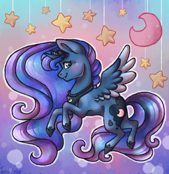 Size: 1450x1500 | Tagged: safe, artist:twixyamber, princess luna, alicorn, pony, g4, female, flying, looking at you, moon, solo, stars