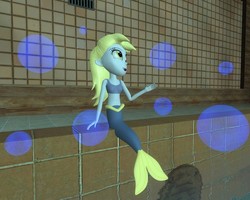 Size: 1280x1024 | Tagged: safe, artist:meltingman234, derpy hooves, mermaid, equestria girls, g4, 3d, belly button, blue underwear, bra, bubble, clothes, crop top bra, female, fish tail, flowing tail, mermaidized, midriff, solo, species swap, swimming pool, tail, underwear, water