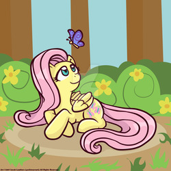 Size: 1024x1024 | Tagged: safe, artist:yoshimarsart, fluttershy, butterfly, pegasus, pony, g4, bush, female, folded wings, grass, looking at something, looking up, mare, prone, solo, tree, watermark, wings
