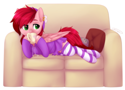 Size: 2494x1799 | Tagged: safe, artist:doekitty, oc, oc only, oc:cotton candy, pegasus, pony, clothes, commission, couch, crossdressing, cute, drinking, ear fluff, ear piercing, earring, eyebrows, eyebrows visible through hair, hoodie, hoof hold, jewelry, male, piercing, signature, simple background, skirt, socks, solo, stallion, stockings, striped socks, sweater, thigh highs, transparent background, trap, zettai ryouiki