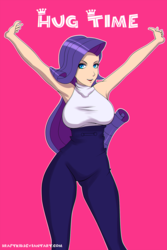 Size: 992x1482 | Tagged: safe, artist:draftkid, rarity, human, g4, armpits, breasts, busty rarity, clothes, female, hug, humanized, open mouth, simple background, smiling, solo